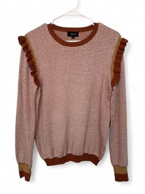 MAAC London Wool Blend Crewneck Gingham Ruffle‎ Detail Long Sleeve Sweater Large